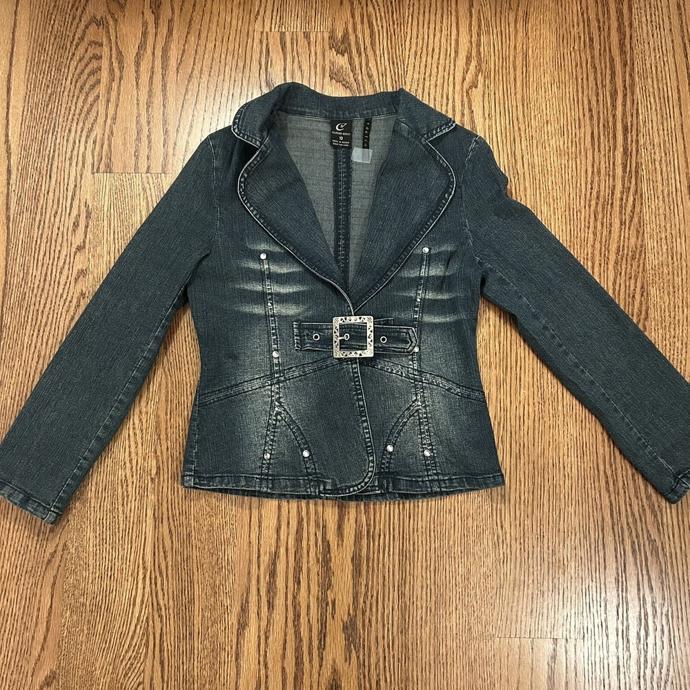 Claudio Nucci Women's Denim Blazer Jacket Size 10 Buckle Waist Dark Wash Y2K